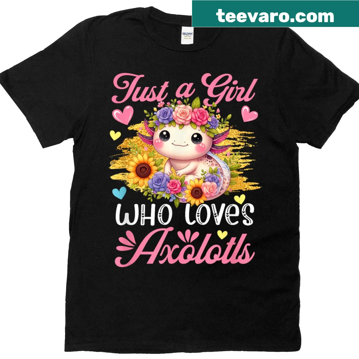 T-shirt with an illustration of an axolotl and colorful flowers for animal lovers — on a men's t-shirt