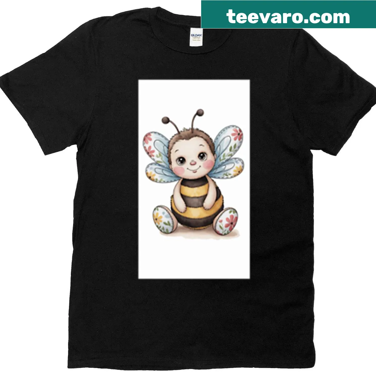 Cartoon bee T-shirt with floral wings design — on a men's t-shirt