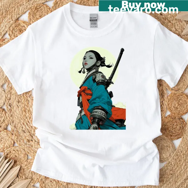 Illustration of a samurai cyborg geisha on a t-shirt.