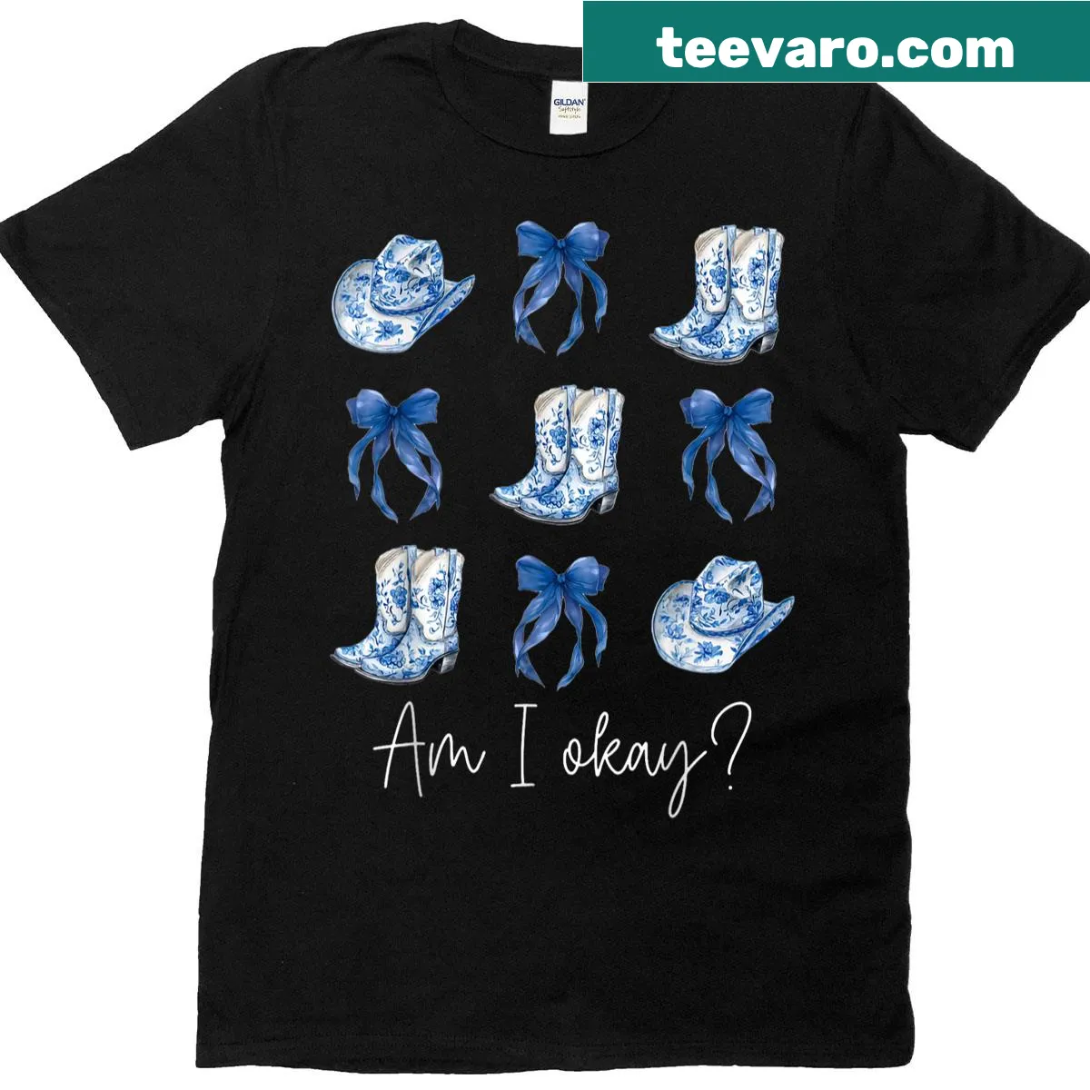 Edgy T-shirt with 'Am I Okay' text and bow design — on a men's t-shirt