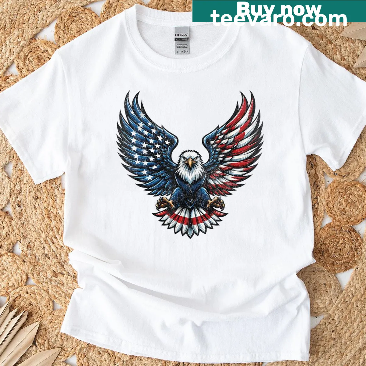 T-shirt featuring a bald eagle and American flag illustration — on a men's t-shirt