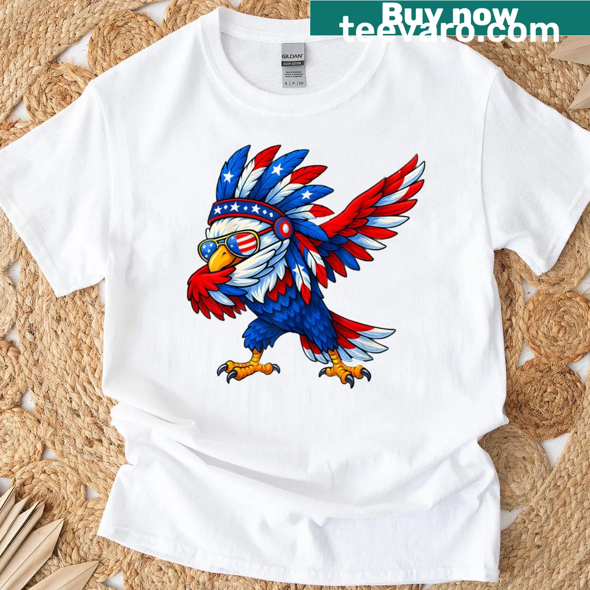 Patriotic T-shirt with bald eagle and American flag design — on a men's t-shirt