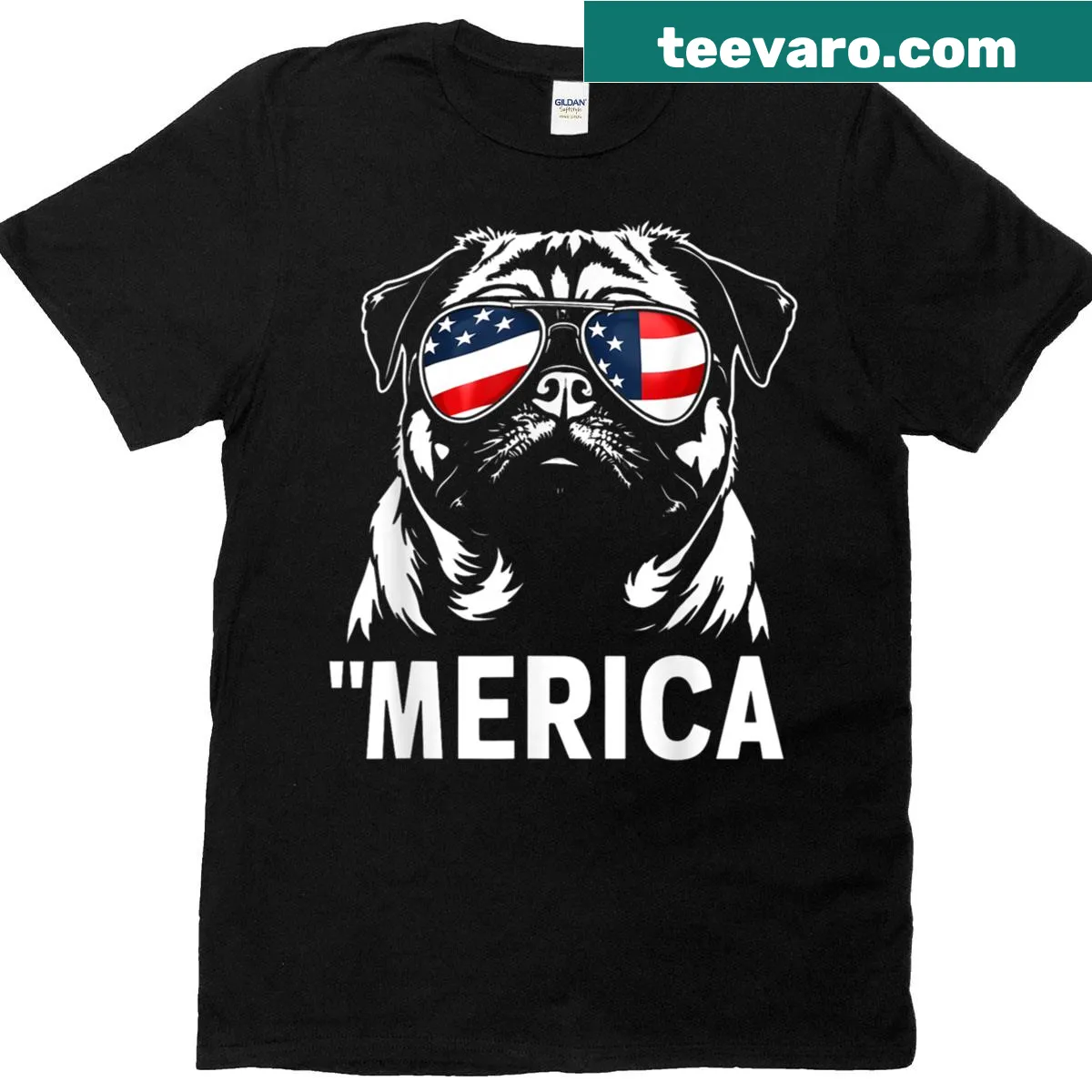 Fourth of July T-shirt with a pug wearing an American flag — on a men's t-shirt
