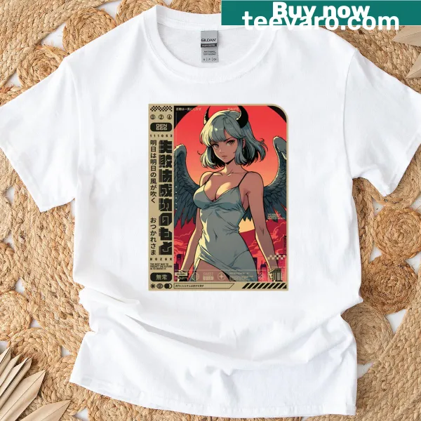 Illustration of an angel in a sunset scene on a t-shirt.