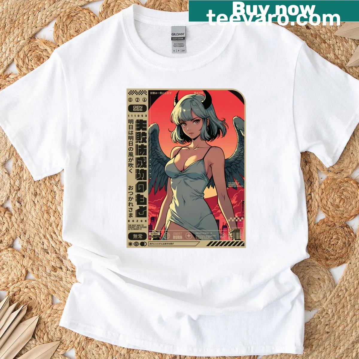 Illustration of an angel in a sunset scene on a t-shirt. — on a men's t-shirt