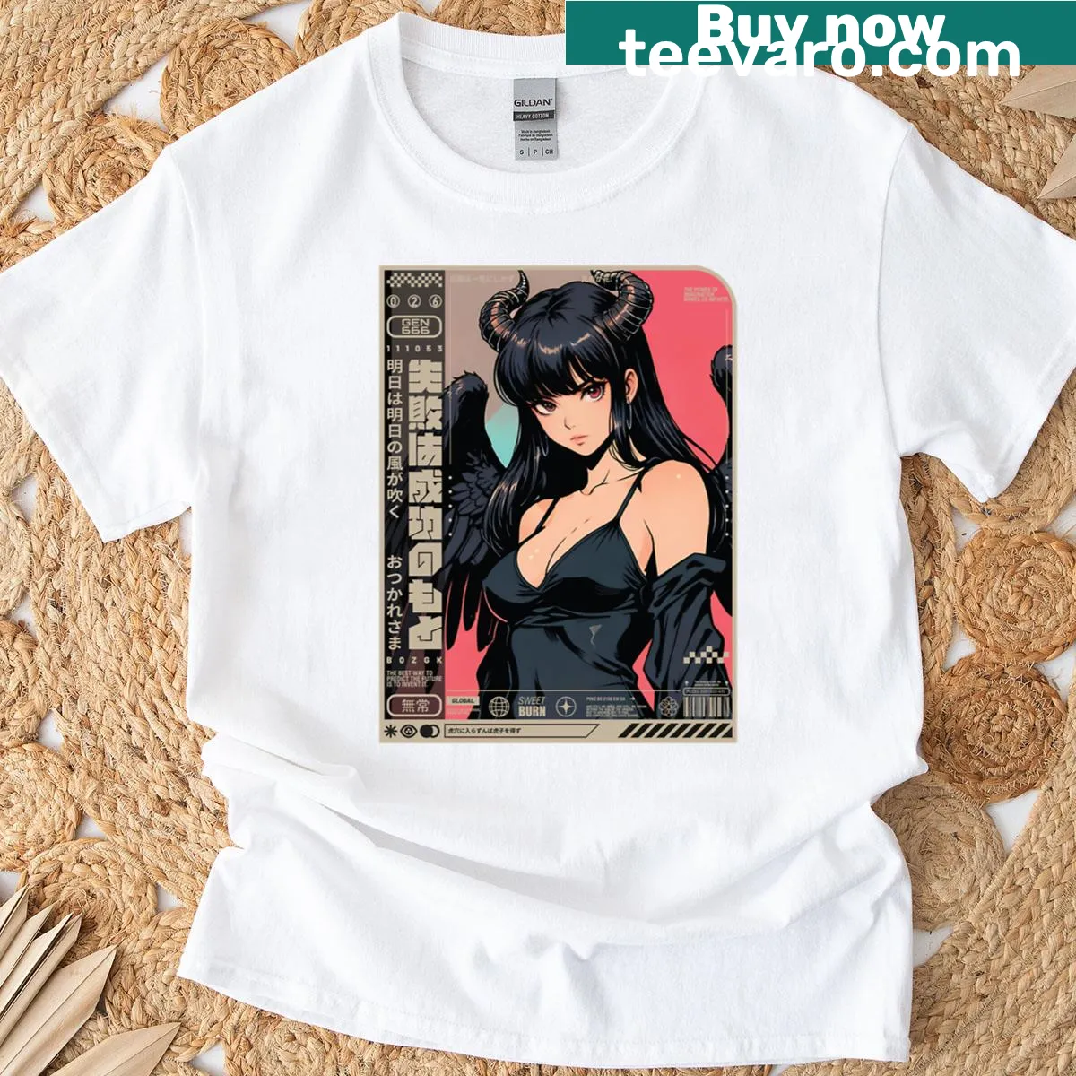 T-shirt featuring an angel with flowing black hair in a serene illustration. — on a men's t-shirt