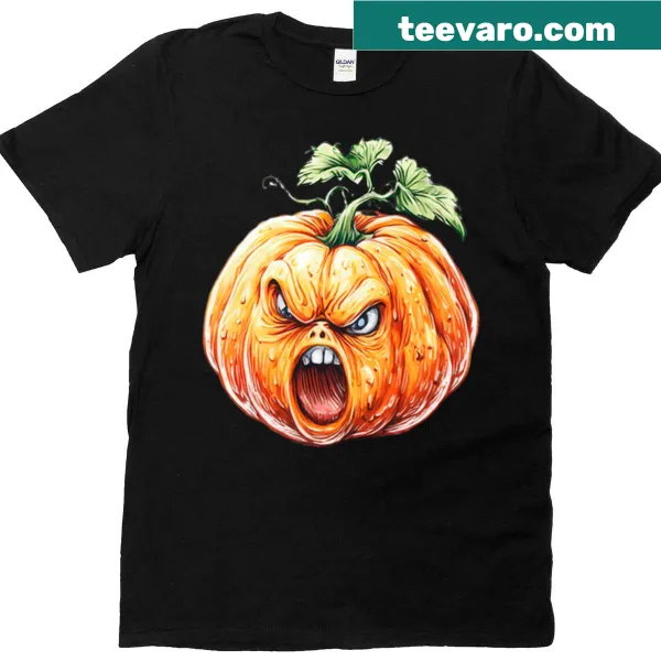 Halloween T-shirt featuring an angry screaming pumpkin