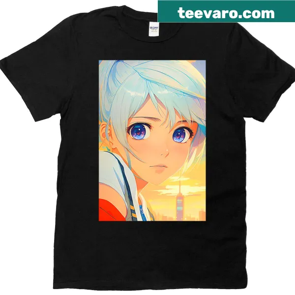 Anime girl face with blue eyes and hair in front of a sunset