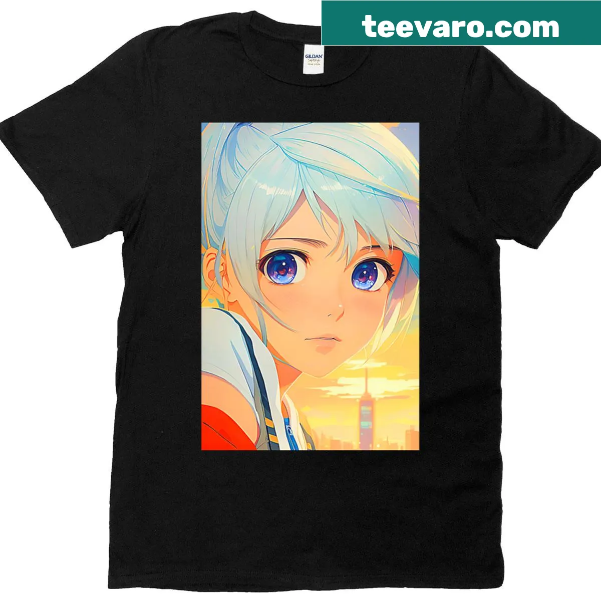 Anime girl face with blue eyes and hair in front of a sunset — on a men's t-shirt