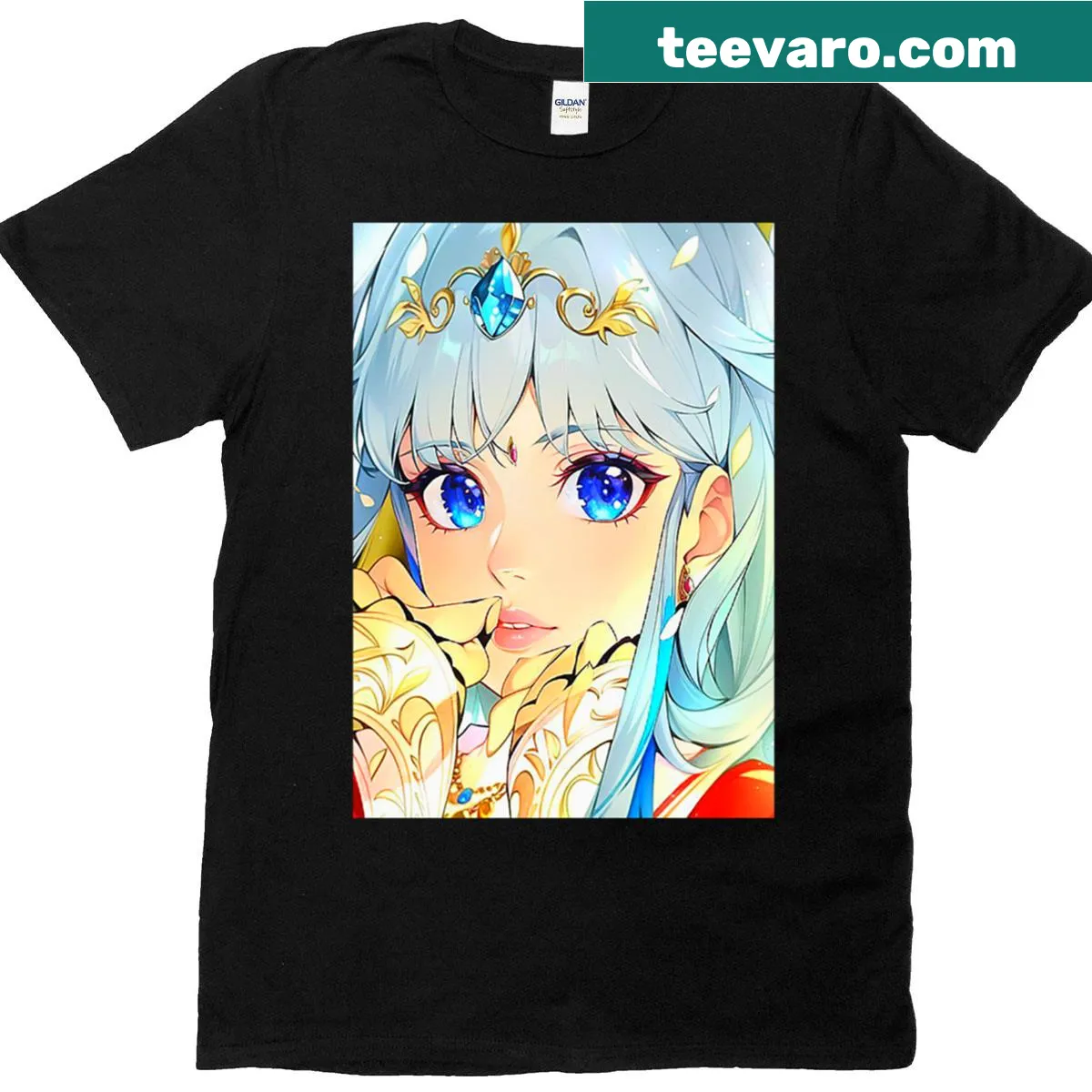 Anime girl with blue hair and diamond graphic on a whimsical T-shirt. — on a men's t-shirt