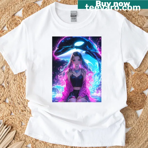 Anime-style T-shirt featuring an orca guardian and an ocean girl illustration