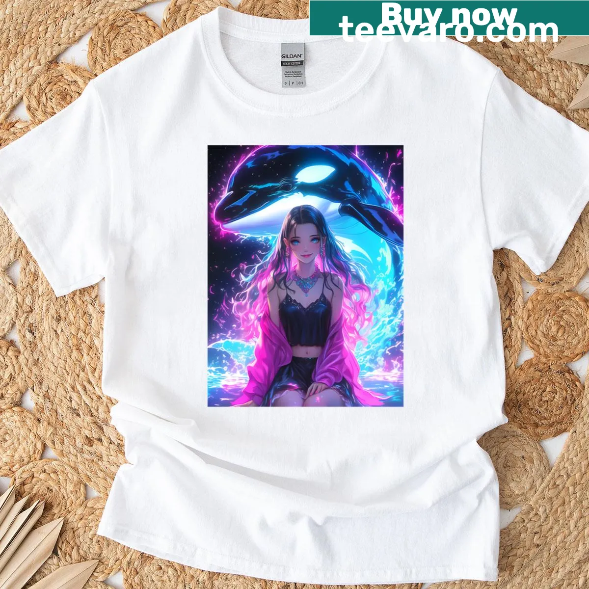 Anime-style T-shirt featuring an orca guardian and an ocean girl illustration — on a men's t-shirt