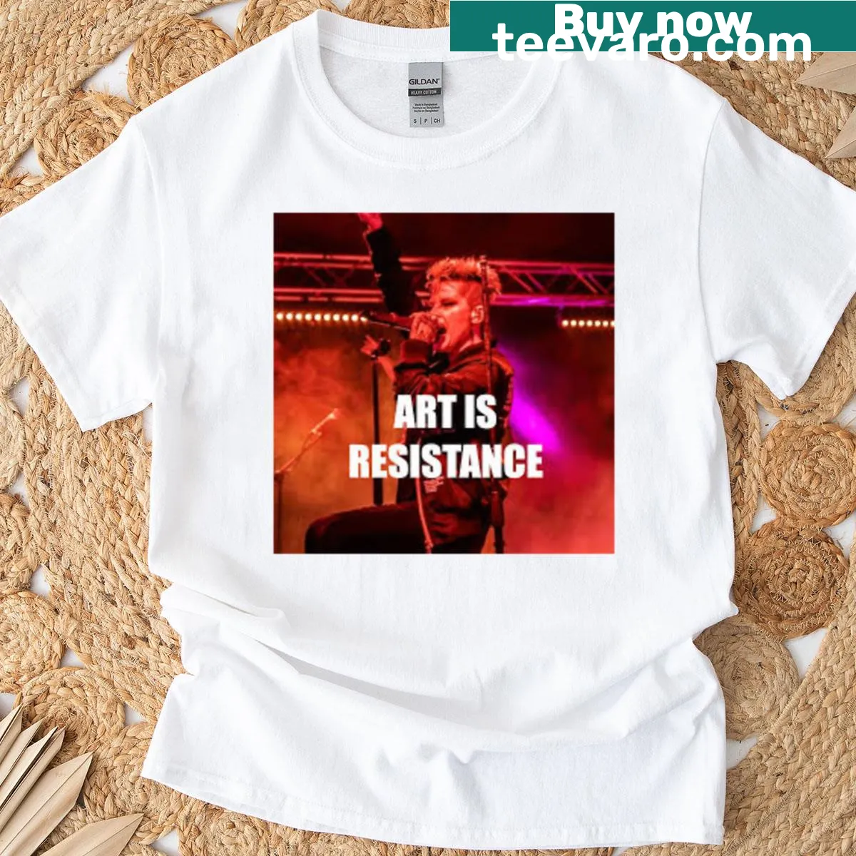 Typographic t-shirt with the phrase 'Art Is Resistance'. — on a men's t-shirt