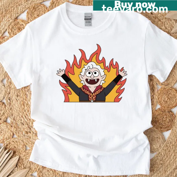 Illustrative T-shirt depicting Astarion in flames, showcasing an intense design.
