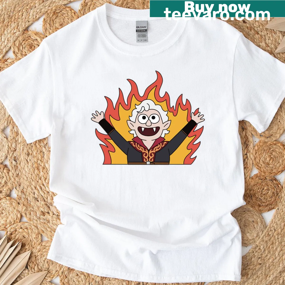 Illustrative T-shirt depicting Astarion in flames, showcasing an intense design. — on a men's t-shirt