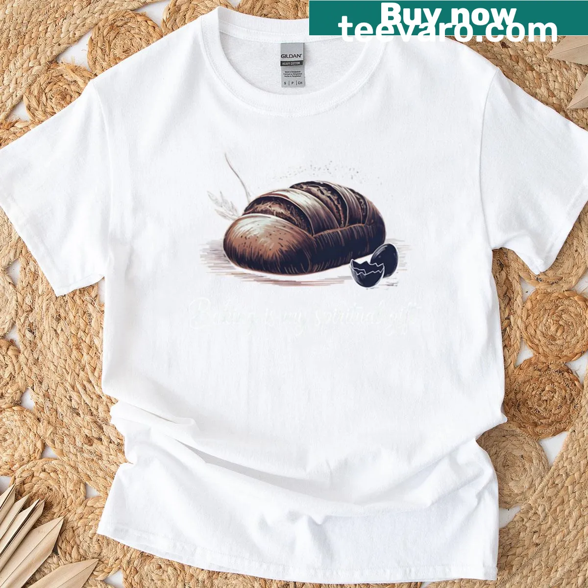 Hand-drawn flour art with 'Baking Is My Spiritual Gift' text — on a men's t-shirt