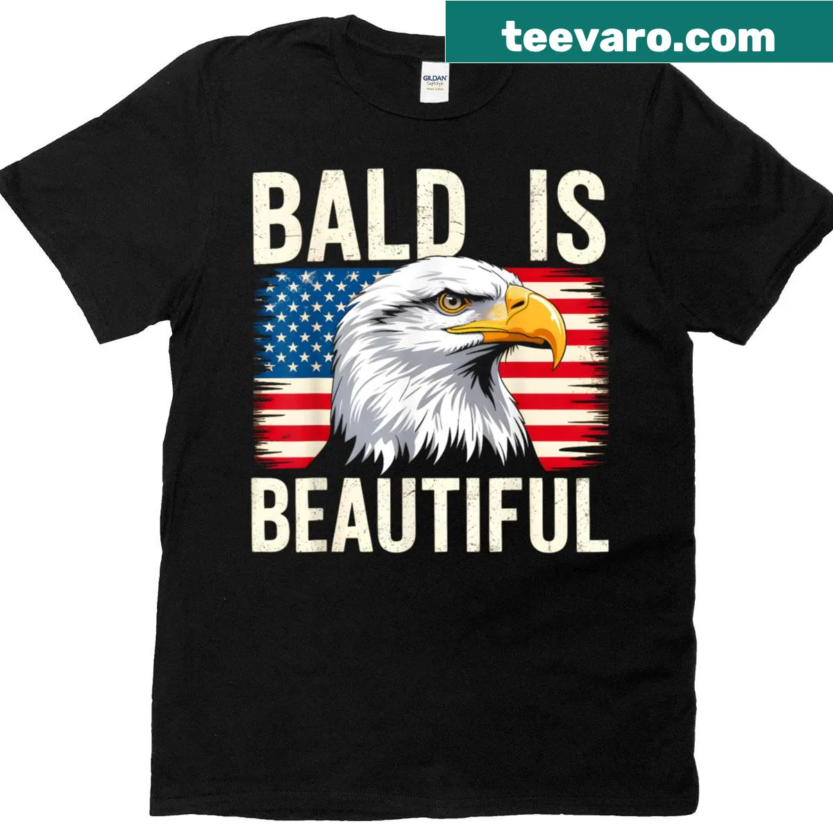 Patriotic T-shirt with 'Bald Is Beautiful' and American flag — on a men's t-shirt