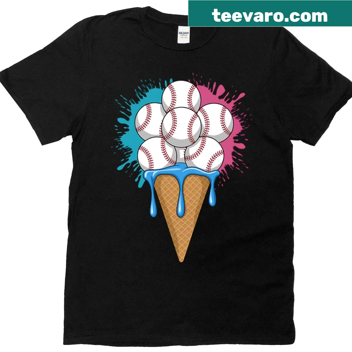 Cute t-shirt with baseball and ice cream cartoon design — on a men's t-shirt
