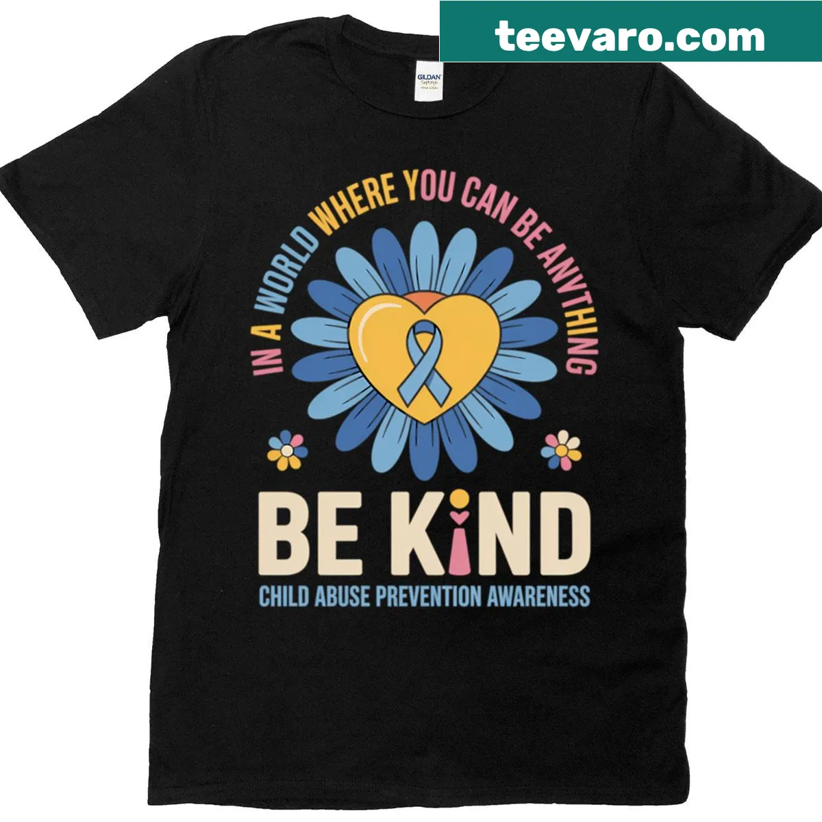 Sunflower graphic with 'Be Kind' text — on a men's t-shirt