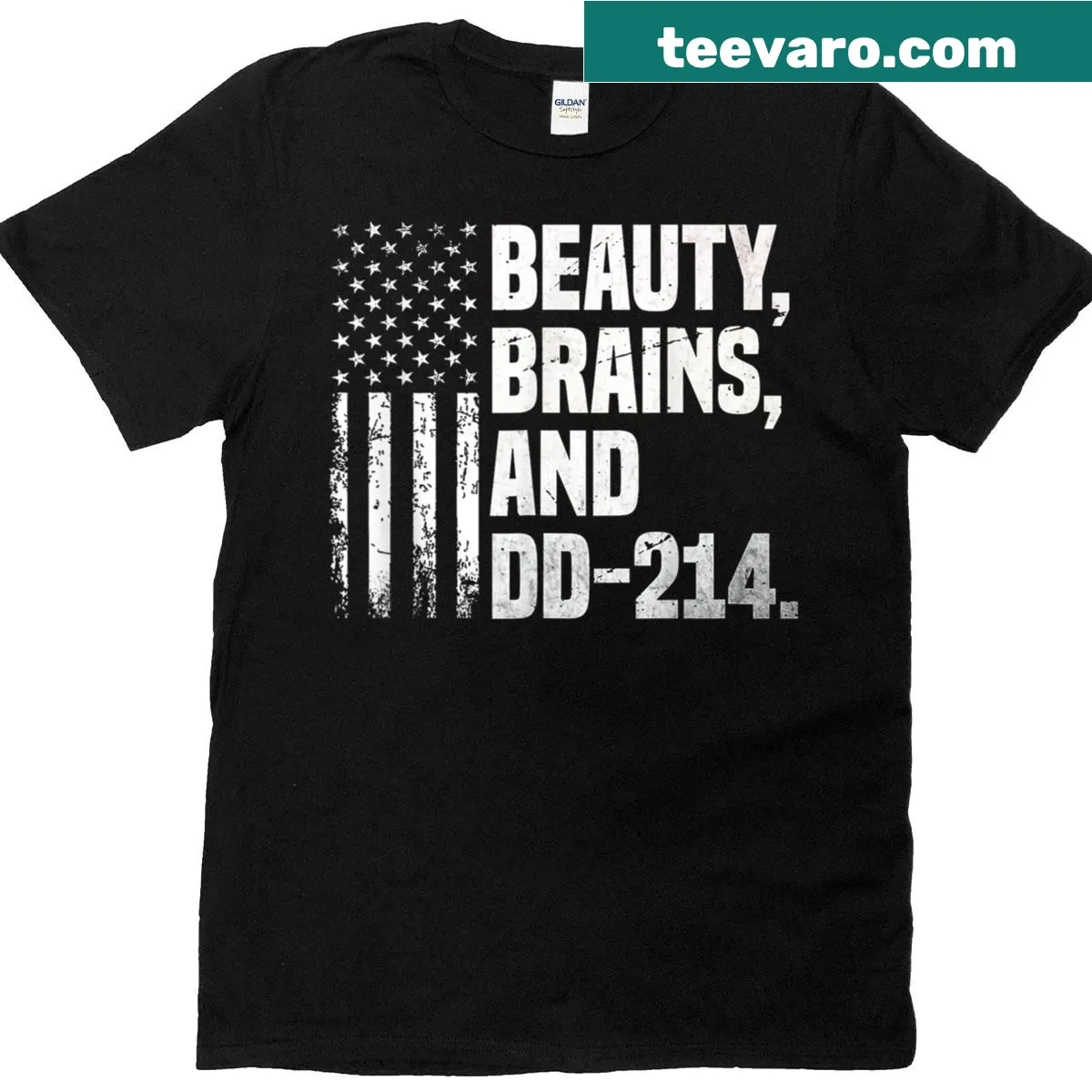 Veteran pride t-shirt featuring 'Beauty Brains And A DD-214' text — on a men's t-shirt