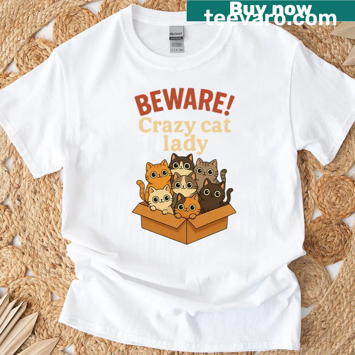Humorous 'Beware Crazy Cat Lady' text t-shirt — on a men's t-shirt