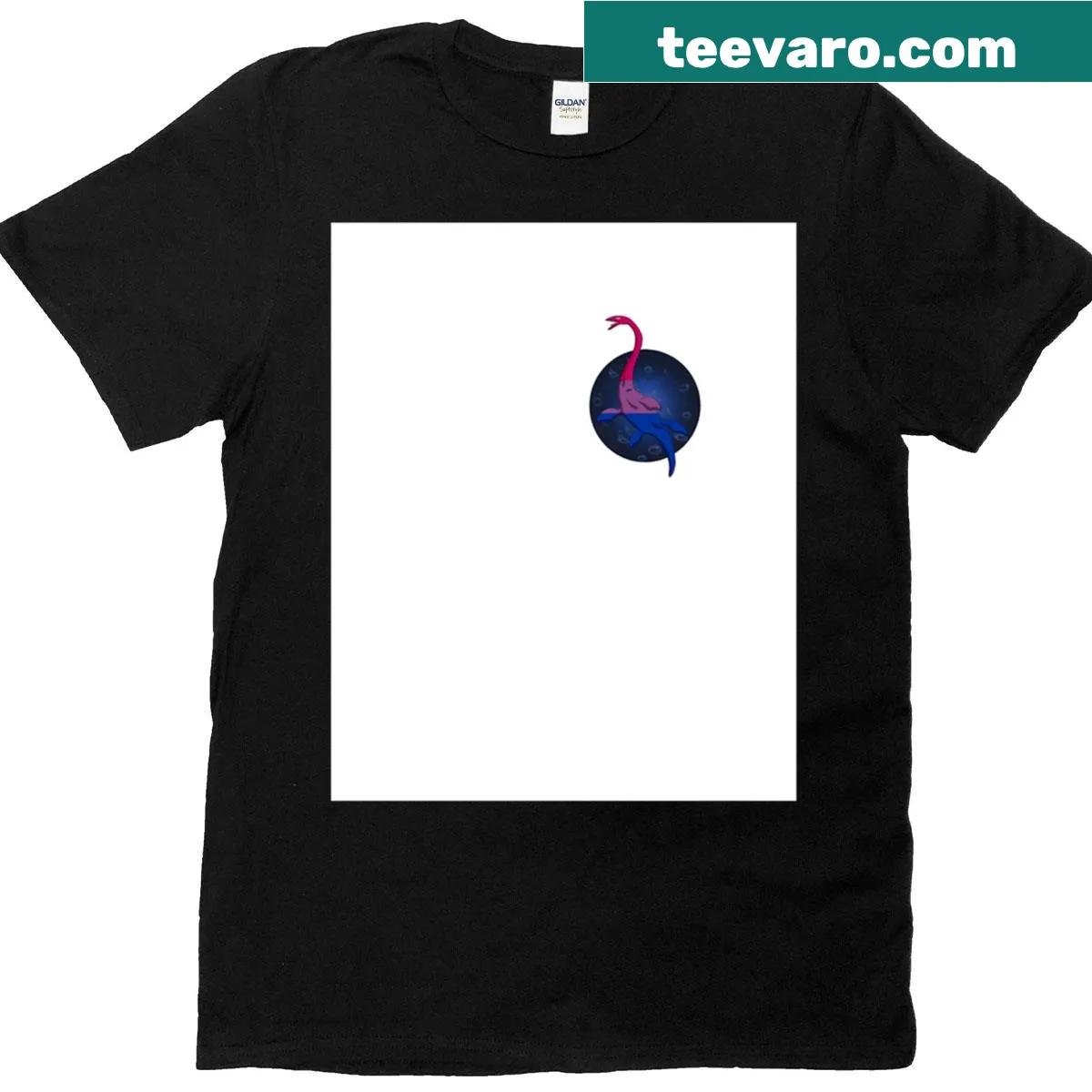 Graphic t-shirt featuring a friendly bisexual sea monster illustration — on a men's t-shirt