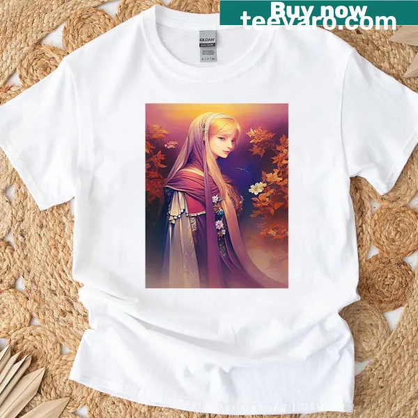 Illustration of a blonde girl in medieval style in a garden
