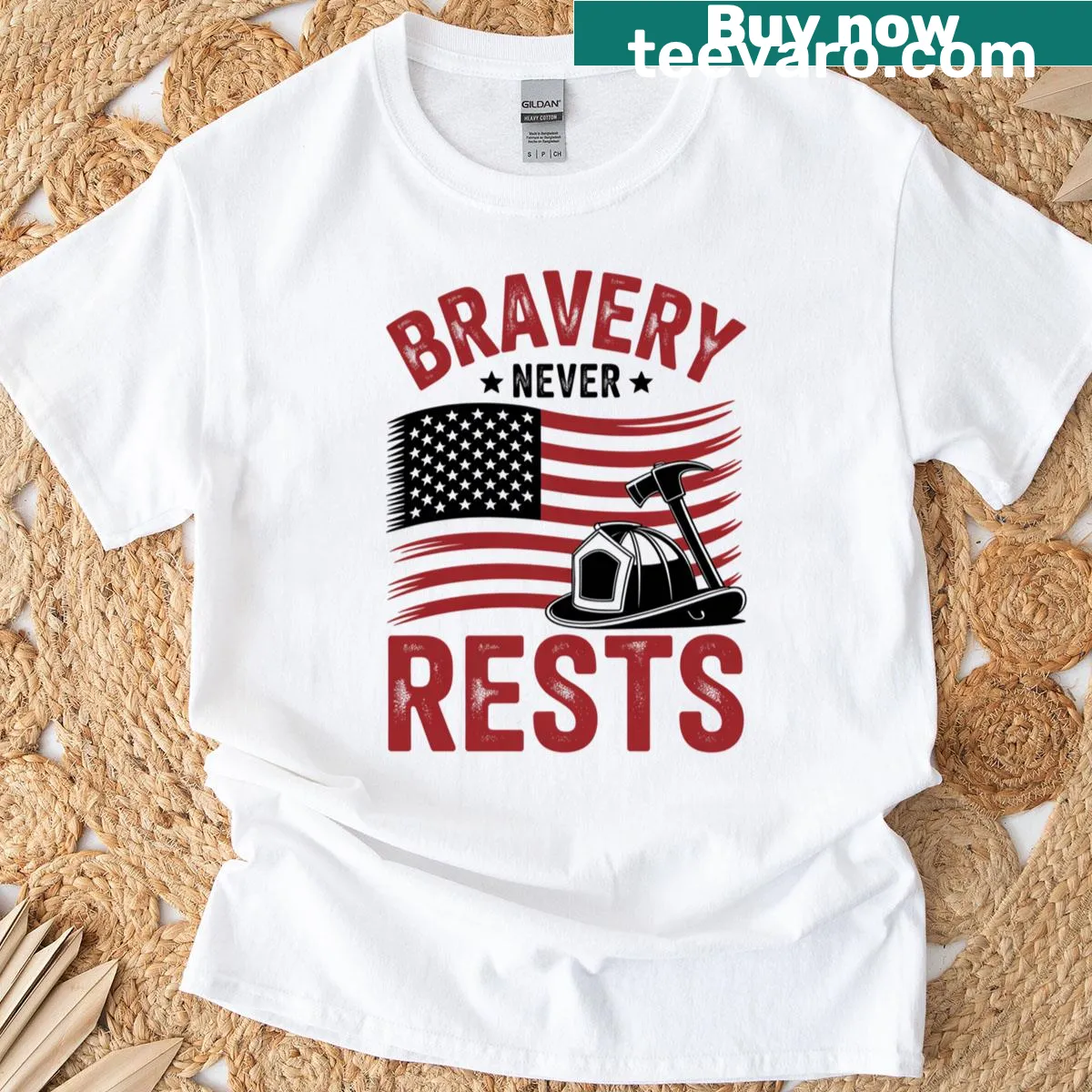 Patriotic T-shirt honoring firefighters with the phrase 'Bravery Never Rests' — on a men's t-shirt