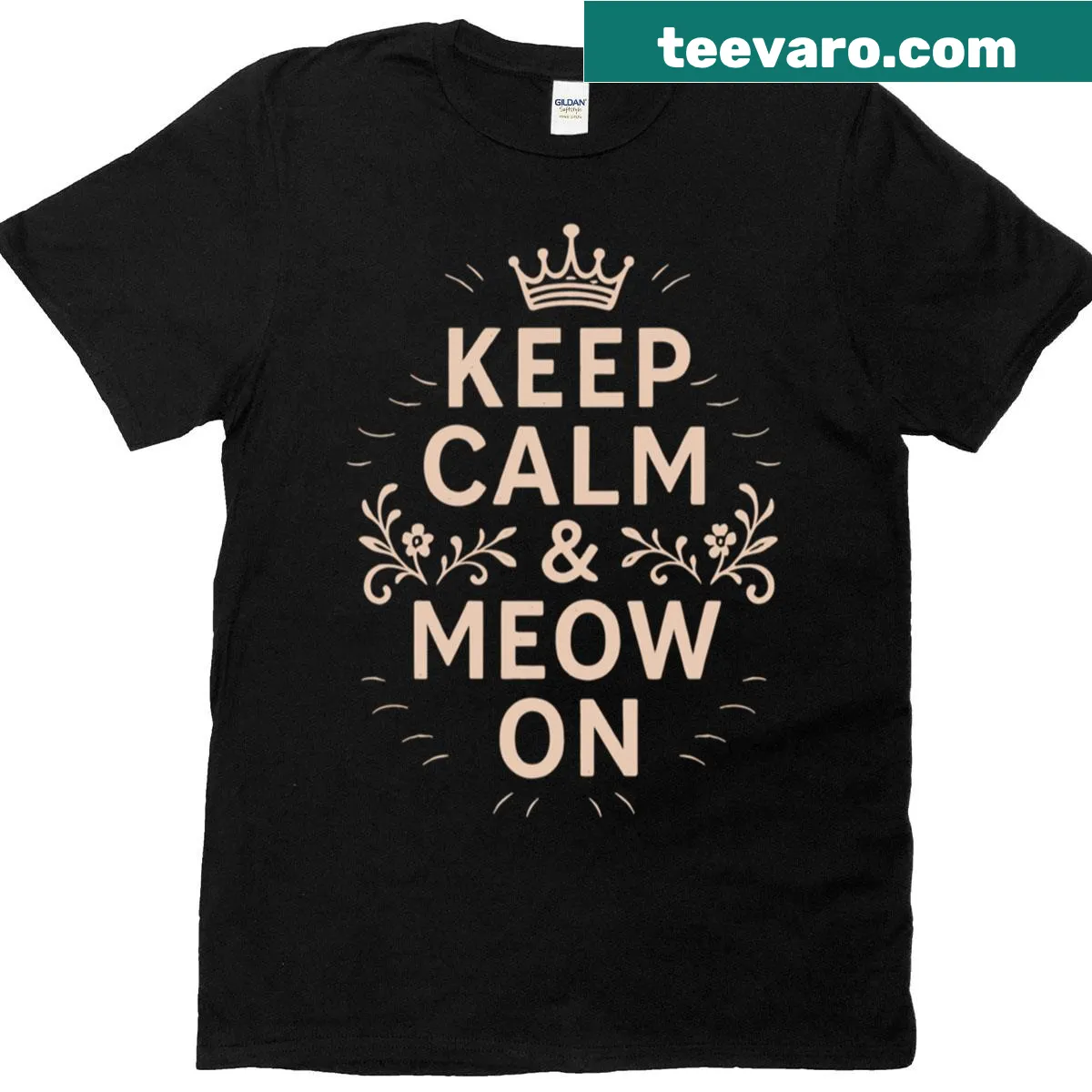 Cute boxy t-shirt with 'Keep Calm Meow On' cat quote — on a men's t-shirt