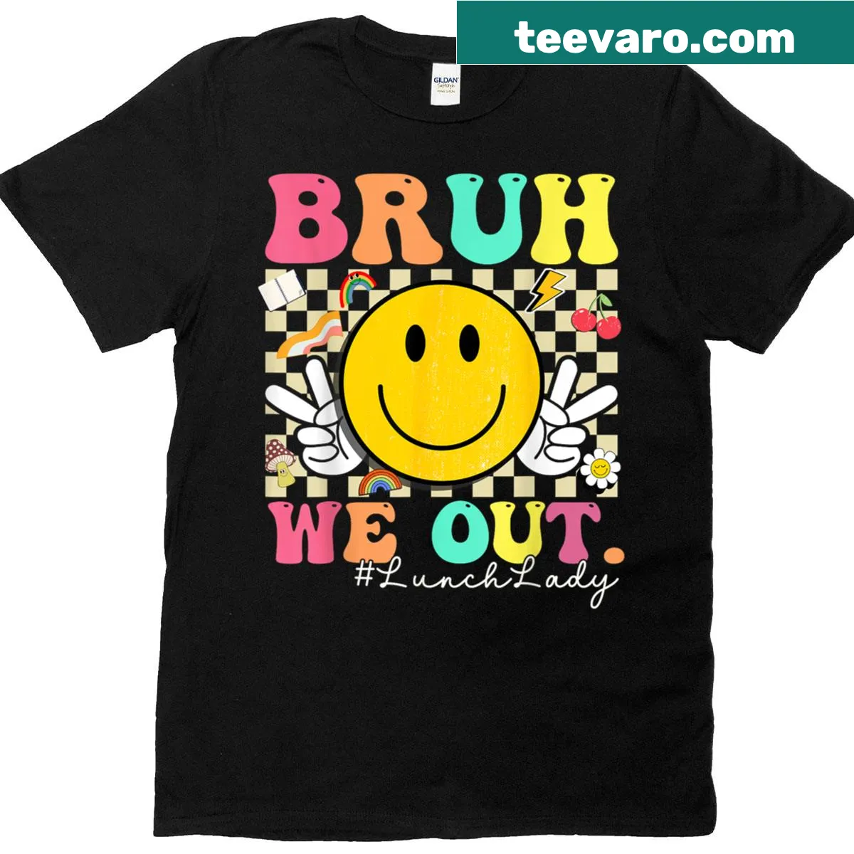 Edgy school lunch themed t-shirt with 'Bruh We Out Lunch Ladies' text — on a men's t-shirt
