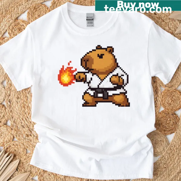 Cartoon capybara in action on a gaming-themed t-shirt