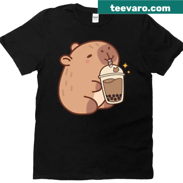 Illustration of a capybara enjoying boba tea on an oversized t-shirt