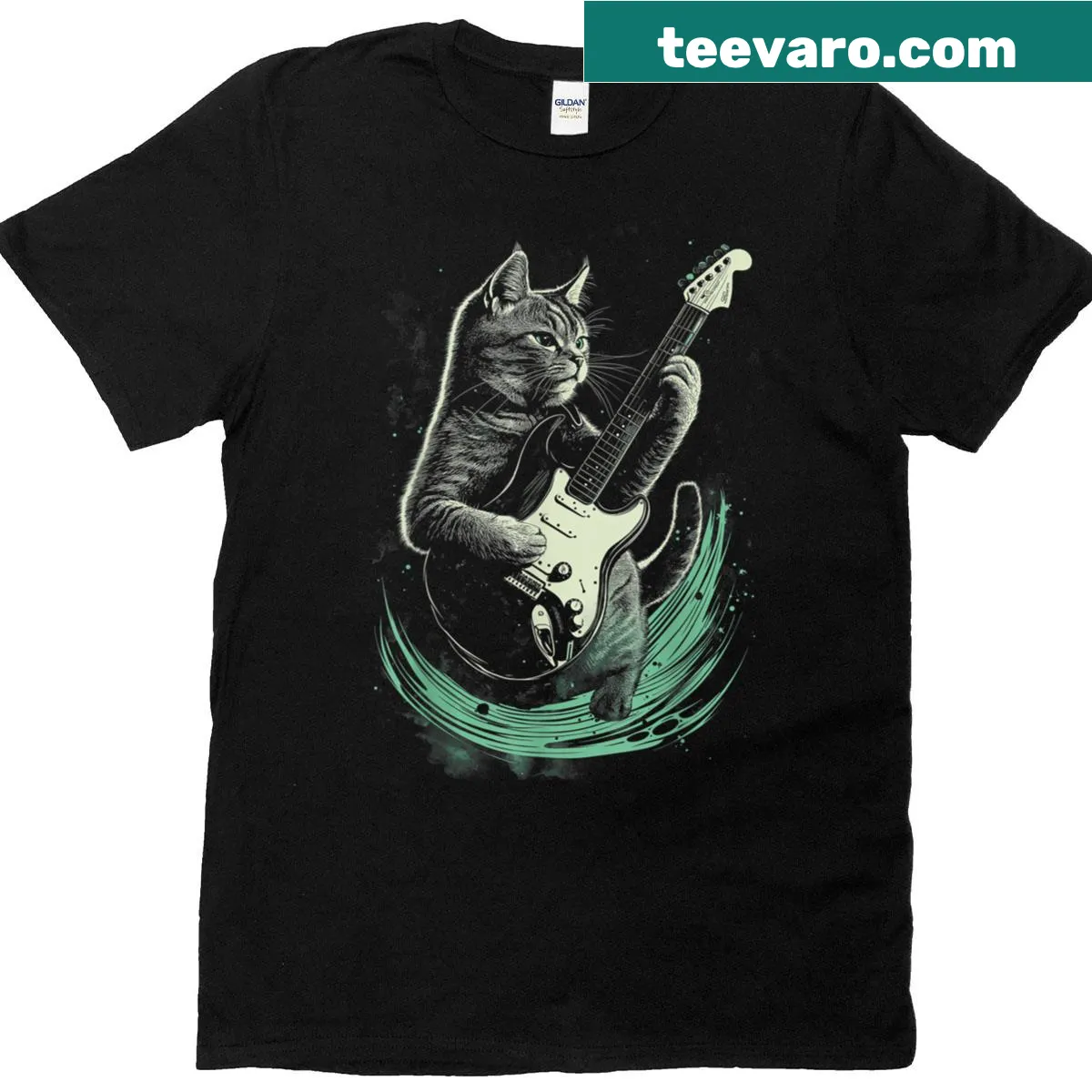 T-shirt featuring a cat playing guitar in a rock star style — on a men's t-shirt