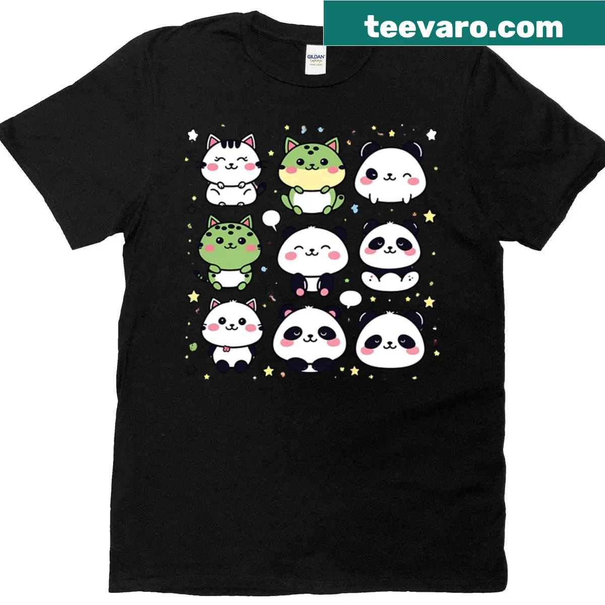 T-shirt featuring playful illustrations of cats, pandas, and frogs — on a men's t-shirt