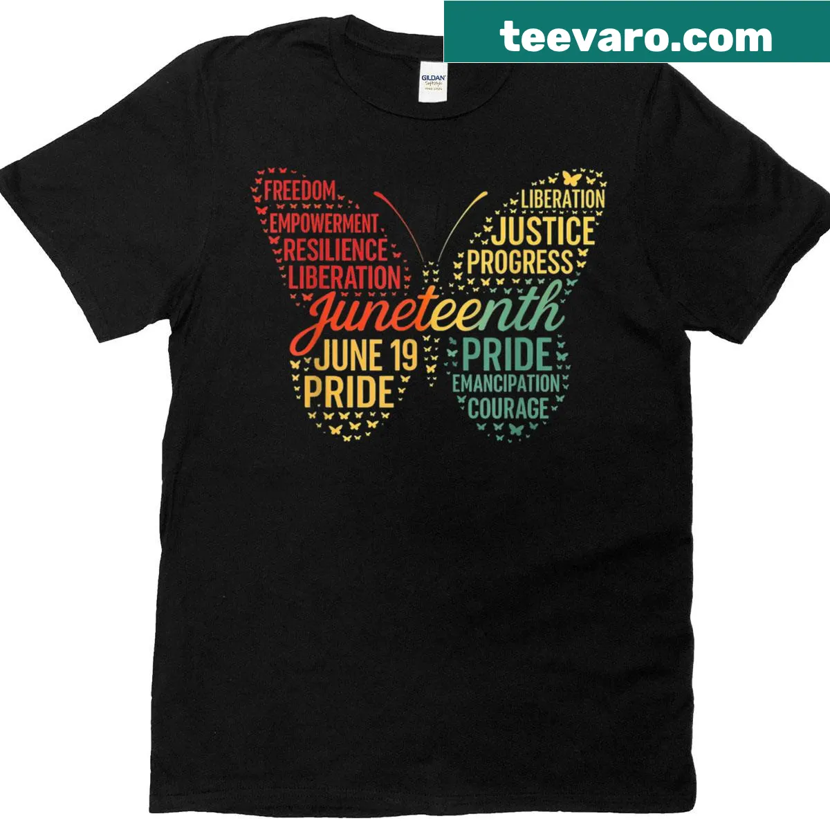 Illustrated butterfly t-shirt celebrating Juneteenth — on a men's t-shirt