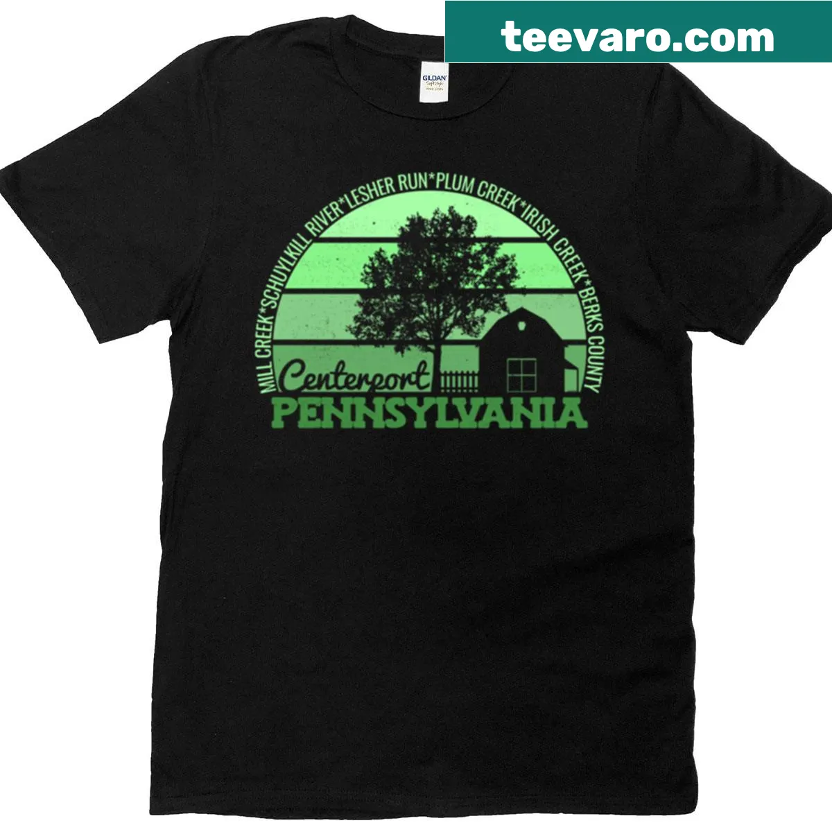Vintage-style Centerport Pennsylvania logo t-shirt with sunset design — on a men's t-shirt