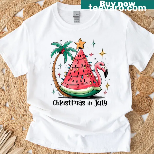 Playful t-shirt featuring flamingo and watermelon tree for summer