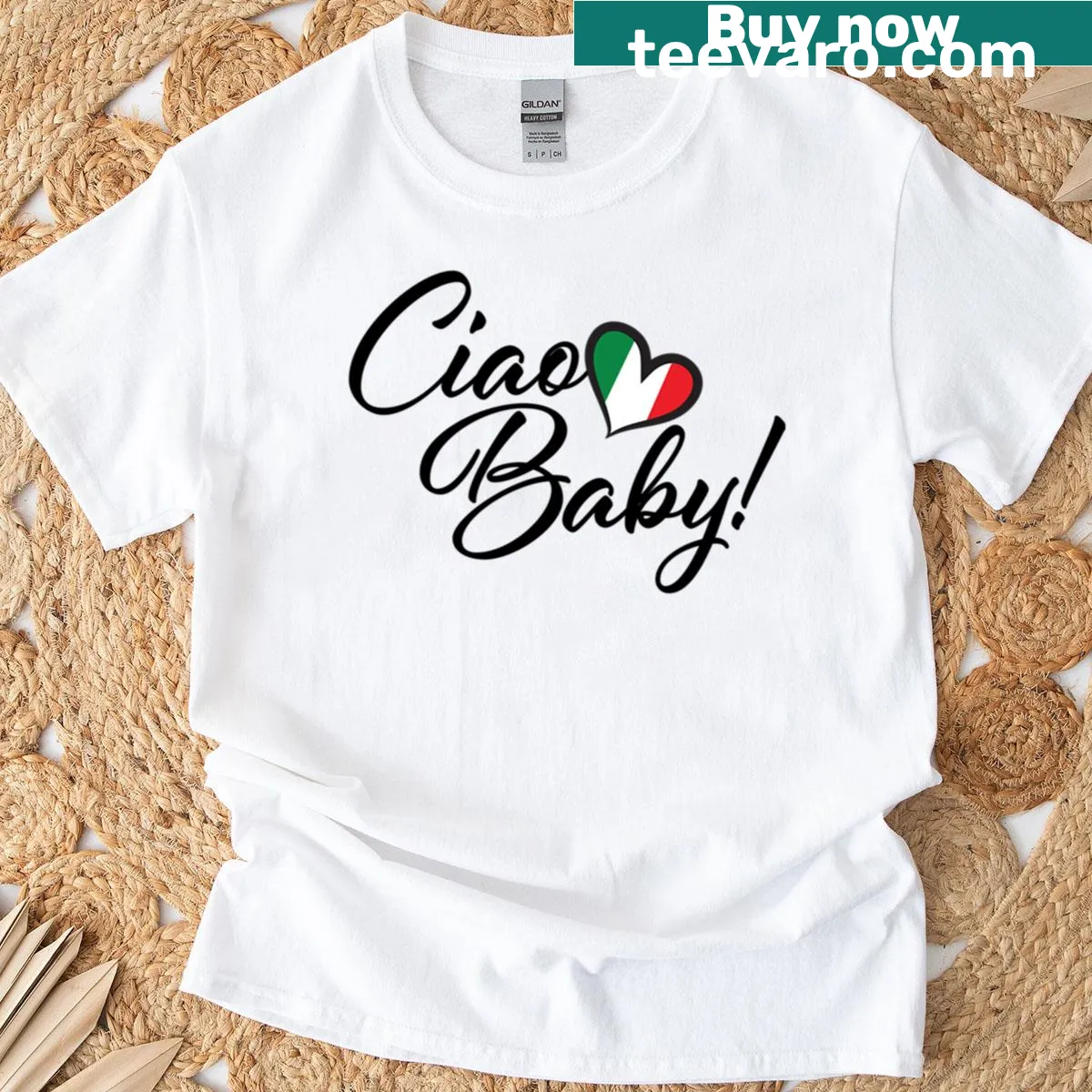 Ciao Baby t-shirt with Italian flag heart illustration — on a men's t-shirt
