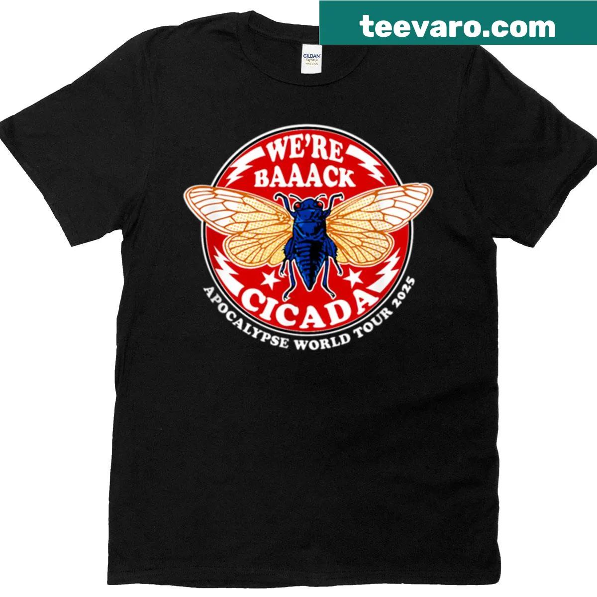 Playful t-shirt featuring cicadas in an invasion-themed graphic — on a men's t-shirt