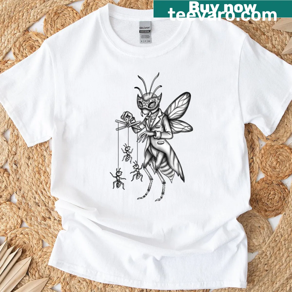 Whimsical illustration of a circus wasp puppeteer — on a men's t-shirt
