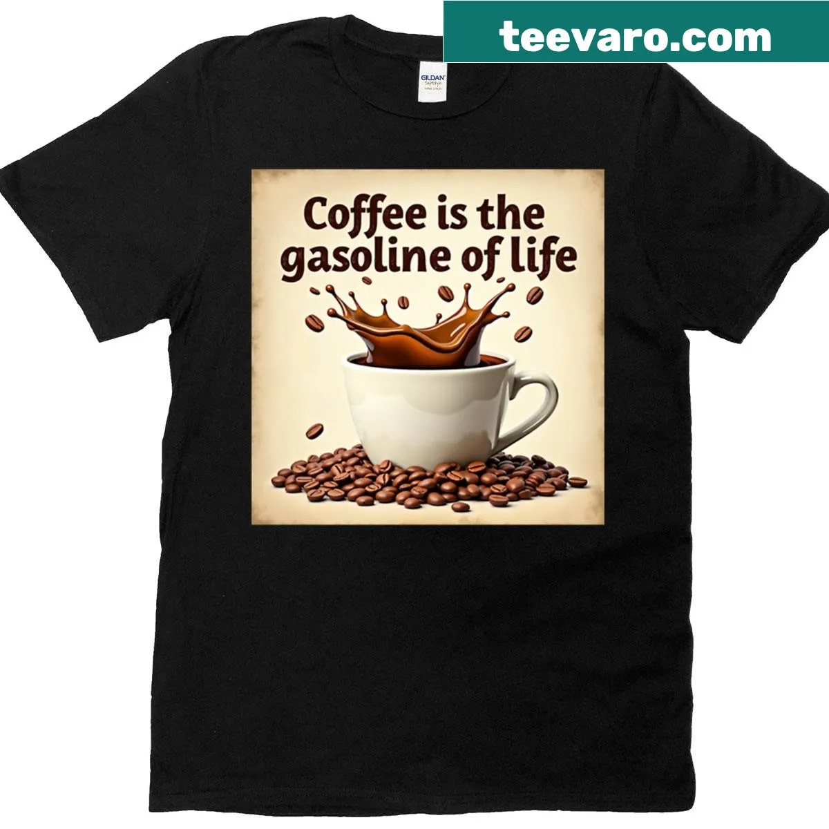Funny T-shirt featuring a coffee splash graphic — on a men's t-shirt