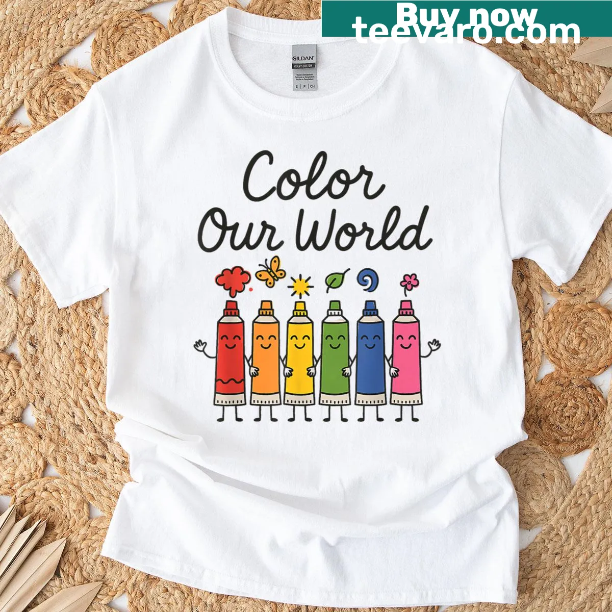 Color Our World summer reading shirt with text design — on a men's t-shirt