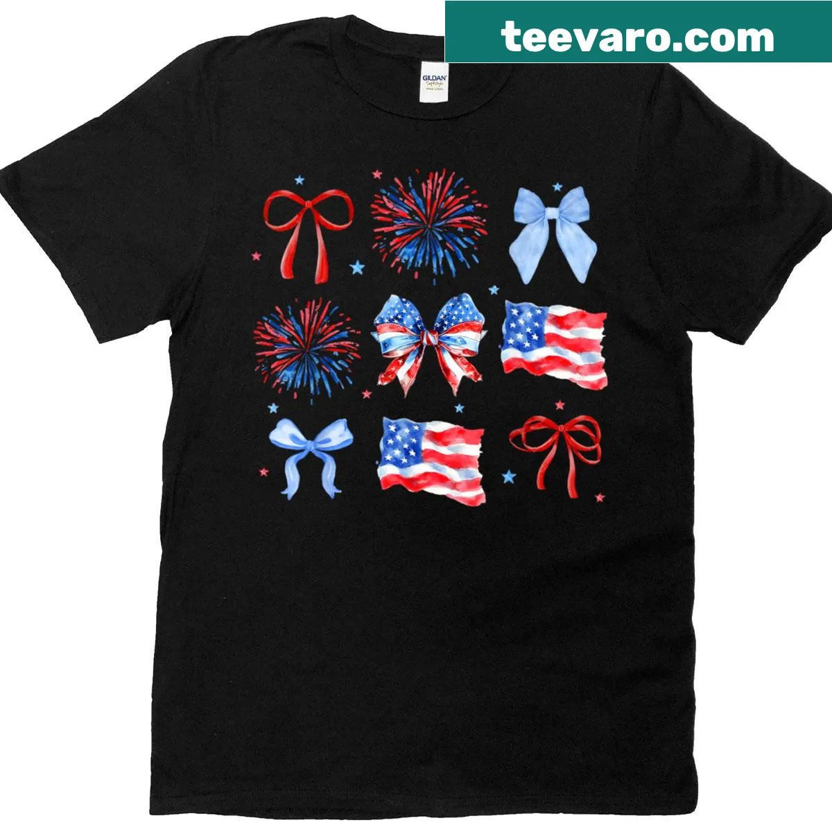 Cute patriotic T-shirt with bows and USA flag design — on a men's t-shirt