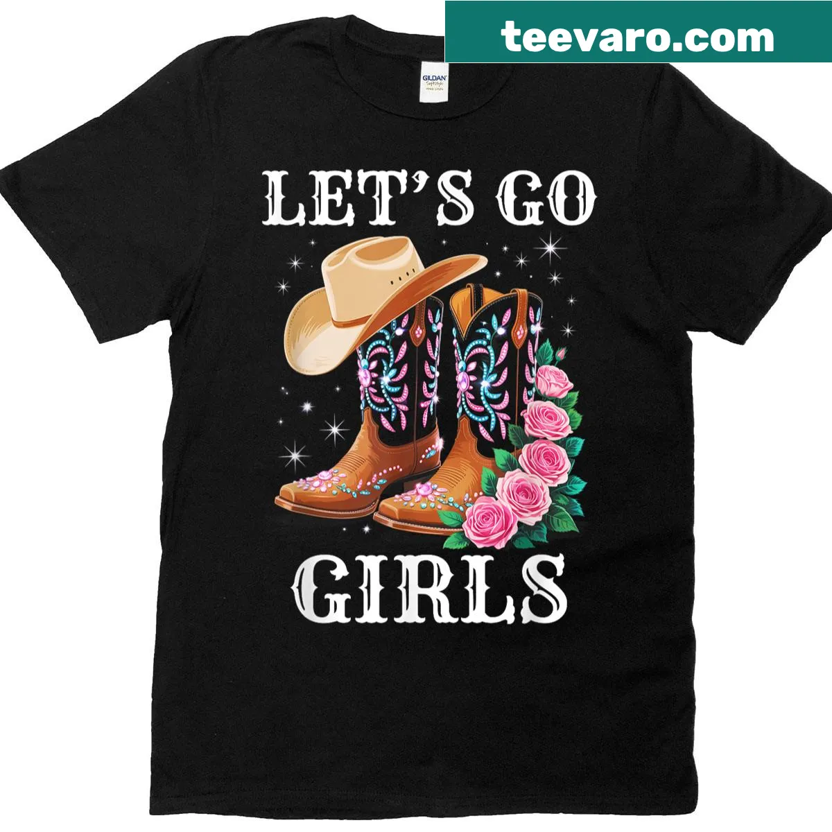 T-shirt featuring cowboy hat graphic and 'Lets Go Girls' text — on a men's t-shirt