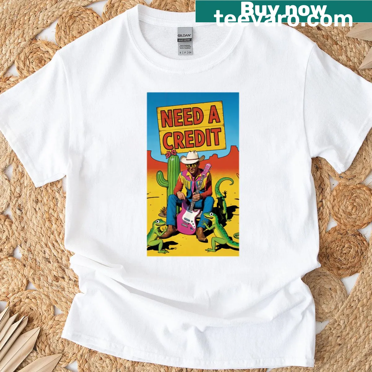 Illustration of lizards playing guitars with humorous text. — on a men's t-shirt