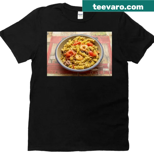 Whimsical pasta salad graphic t-shirt for food lovers.