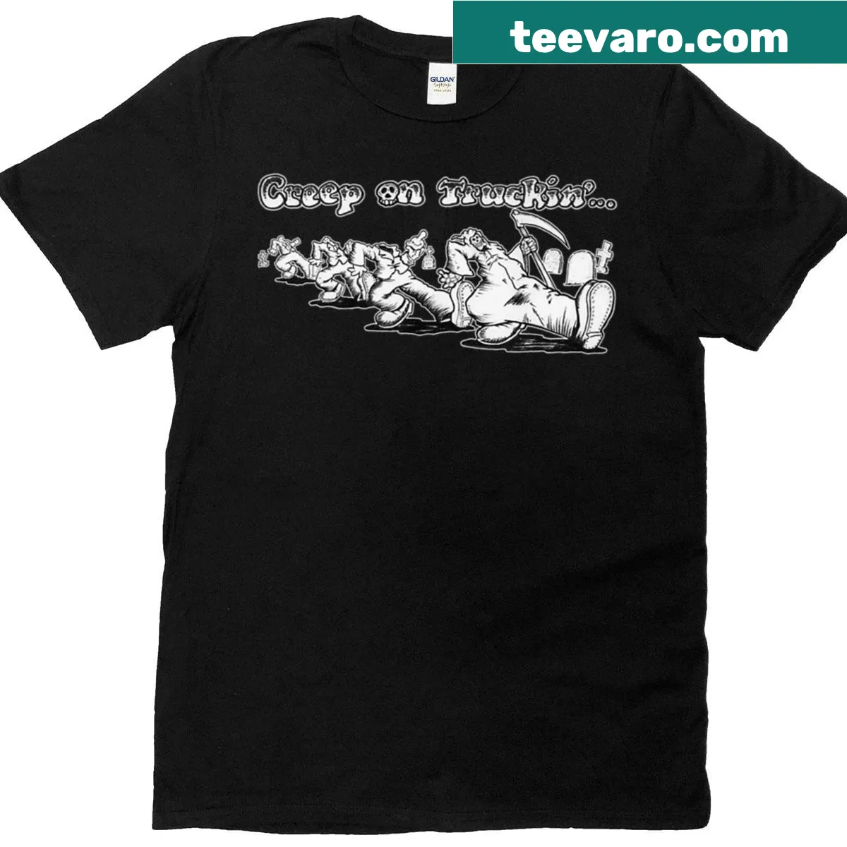 Black and white Robert Crumb tribute shirt with whimsical illustration — on a men's t-shirt