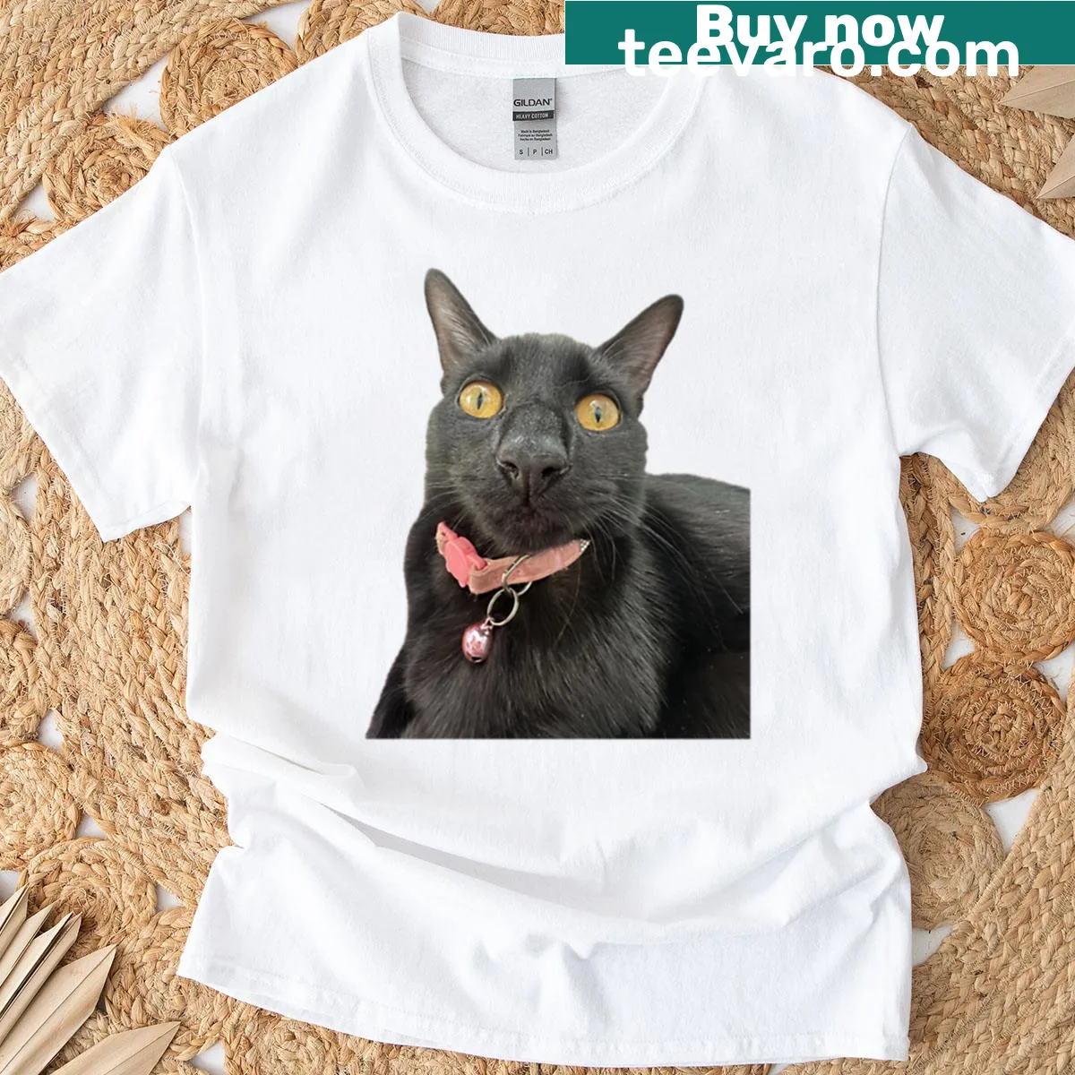 Playful illustration of a quirky black cat on a t-shirt — on a men's t-shirt