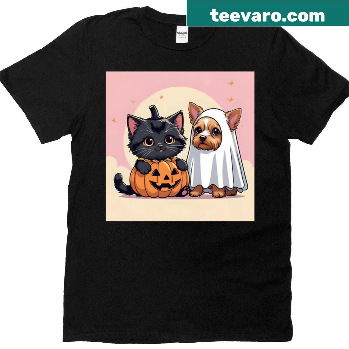 Illustration of a black kitten as a pumpkin and a puppy as a ghost for Halloween — on a men's t-shirt