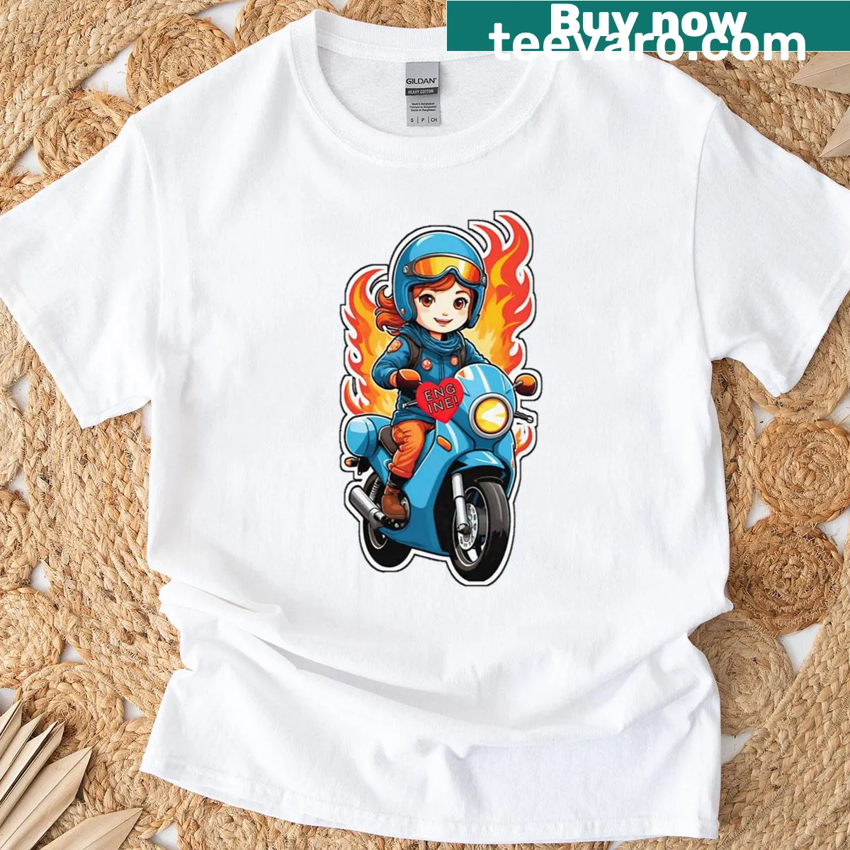 Charming design of a fire girl with a motorcycle heart engine — on a men's t-shirt